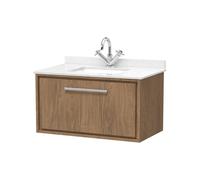 Longnor 1 Drawer Wall Hung Vanity Unit with Square Basin and Marble Worktop, Antique Oak, 800mm