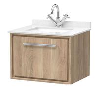 Longnor 1 Drawer Wall Hung Vanity Unit with Square Basin and Marble Worktop, Light Oak, 600mm