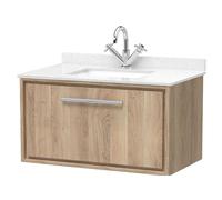 Longnor 1 Drawer Wall Hung Vanity Unit with Square Basin and Marble Worktop, Light Oak, 800mm