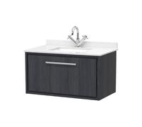 Longnor 1 Drawer Wall Hung Vanity Unit with Square Basin and Marble Worktop, Woodgrain Graphite Grey, 800mm