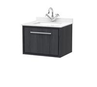 Longnor 1 Drawer Wall Hung Vanity Unit with Square Basin and Marble Worktop, Woodgrain Graphite Grey, 600mm