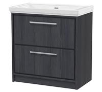 Longnor 2 Drawer Floor Standing Vanity Unit with 0 Tap Hole Traditional Fireclay Basin, Woodgrain Graphite Grey, 800mm