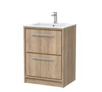 Longnor 2 Drawer Floor Standing Vanity Unit with 1 Tap Hole Minimalist Basin, Light Oak, 600mm