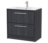 Longnor 2 Drawer Floor Standing Vanity Unit with 1 Tap Hole Minimalist Basin, Woodgrain Graphite Grey, 800mm