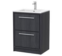 Longnor 2 Drawer Floor Standing Vanity Unit with 1 Tap Hole Minimalist Basin, Woodgrain Graphite Grey, 600mm
