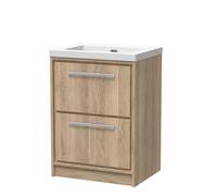 Longnor 2 Drawer Floor Standing Vanity Unit with 1 Tap Hole Modern Fireclay Basin, Light Oak, 600mm