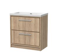 Longnor 2 Drawer Floor Standing Vanity Unit with 1 Tap Hole Modern Fireclay Basin, Light Oak, 800mm