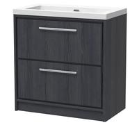 Longnor 2 Drawer Floor Standing Vanity Unit with 1 Tap Hole Modern Fireclay Basin, Woodgrain Graphite Grey, 800mm
