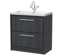 Longnor 2 Drawer Floor Standing Vanity Unit with 1 Tap Hole Modern Fireclay Basin, Woodgrain Graphite Grey, 800mm