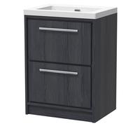 Longnor 2 Drawer Floor Standing Vanity Unit with 1 Tap Hole Modern Fireclay Basin, Woodgrain Graphite Grey, 600mm