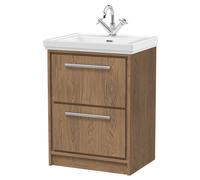 Longnor 2 Drawer Floor Standing Vanity Unit with 1 Tap Hole Traditional Fireclay Basin, Antique Oak, 600mm