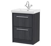 Longnor 2 Drawer Floor Standing Vanity Unit with 1 Tap Hole Traditional Fireclay Basin, Woodgrain Graphite Grey, 600mm