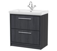 Balterley Longnor 2 Drawer Floor Standing Vanity Unit With 1 Tap Hole Traditional Fireclay Basin, Woodgrain Graphite Grey, 800mm