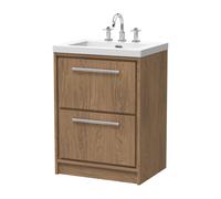 Longnor 2 Drawer Floor Standing Vanity Unit with 3 Tap Hole Modern Fireclay Basin, Antique Oak, 600mm