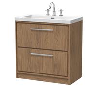 Longnor 2 Drawer Floor Standing Vanity Unit with 3 Tap Hole Modern Fireclay Basin, Antique Oak, 800mm
