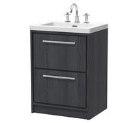Longnor 2 Drawer Floor Standing Vanity Unit with 3 Tap Hole Modern Fireclay Basin, Woodgrain Graphite Grey, 600mm