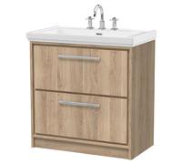 Longnor 2 Drawer Floor Standing Vanity Unit with 3 Tap Hole Traditional Fireclay Basin, Light Oak, 800mm
