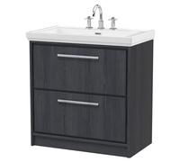 Longnor 2 Drawer Floor Standing Vanity Unit with 3 Tap Hole Traditional Fireclay Basin, Woodgrain Graphite Grey, 800mm