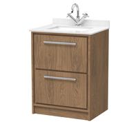 Longnor 2 Drawer Floor Standing Vanity Unit with Square Basin and Marble Worktop, Antique Oak, 600mm