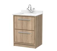 Longnor 2 Drawer Floor Standing Vanity Unit with Square Basin and Marble Worktop, Light Oak, 600mm
