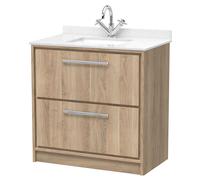 Longnor 2 Drawer Floor Standing Vanity Unit with Square Basin and Marble Worktop, Light Oak, 800mm