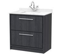Longnor 2 Drawer Floor Standing Vanity Unit with Square Basin and Marble Worktop, Woodgrain Graphite Grey, 800mm