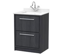 Longnor 2 Drawer Floor Standing Vanity Unit with Square Basin and Marble Worktop, Woodgrain Graphite Grey, 600mm