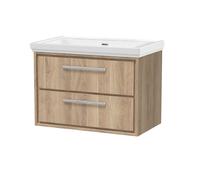 Longnor 2 Drawer Wall Hung Vanity Unit with 0 Tap Hole Traditional Fireclay Basin, Light Oak, 800mm