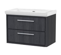 Longnor 2 Drawer Wall Hung Vanity Unit with 0 Tap Hole Traditional Fireclay Basin, Woodgrain Graphite Grey, 800mm
