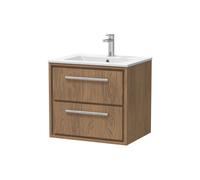 Longnor 2 Drawer Wall Hung Vanity Unit with 1 Tap Hole Minimalist Basin, Antique Oak, 600mm