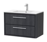 Longnor 2 Drawer Wall Hung Vanity Unit with 1 Tap Hole Minimalist Basin, Woodgrain Graphite Grey, 800mm