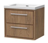 Longnor 2 Drawer Wall Hung Vanity Unit with 1 Tap Hole Modern Fireclay Basin, Antique Oak, 600mm