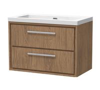 Longnor 2 Drawer Wall Hung Vanity Unit with 1 Tap Hole Modern Fireclay Basin, Antique Oak, 800mm
