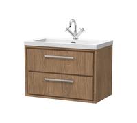Longnor 2 Drawer Wall Hung Vanity Unit with 1 Tap Hole Modern Fireclay Basin, Antique Oak, 800mm