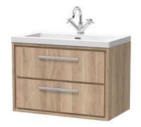 Longnor 2 Drawer Wall Hung Vanity Unit with 1 Tap Hole Modern Fireclay Basin, Light Oak, 800mm