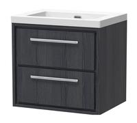 Longnor 2 Drawer Wall Hung Vanity Unit with 1 Tap Hole Modern Fireclay Basin, Woodgrain Graphite Grey, 600mm