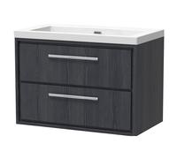 Longnor 2 Drawer Wall Hung Vanity Unit with 1 Tap Hole Modern Fireclay Basin, Woodgrain Graphite Grey, 800mm