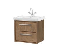 Longnor 2 Drawer Wall Hung Vanity Unit with 1 Tap Hole Traditional Fireclay Basin, Antique Oak, 600mm