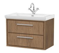 Longnor 2 Drawer Wall Hung Vanity Unit with 1 Tap Hole Traditional Fireclay Basin, Antique Oak, 800mm