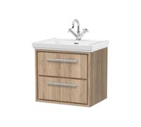 Longnor 2 Drawer Wall Hung Vanity Unit with 1 Tap Hole Traditional Fireclay Basin, Light Oak, 600mm