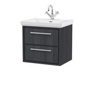 Longnor 2 Drawer Wall Hung Vanity Unit with 1 Tap Hole Traditional Fireclay Basin, Woodgrain Graphite Grey, 600mm