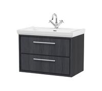 Longnor 2 Drawer Wall Hung Vanity Unit with 1 Tap Hole Traditional Fireclay Basin, Woodgrain Graphite Grey, 800mm