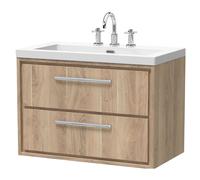 Longnor 2 Drawer Wall Hung Vanity Unit with 3 Tap Hole Modern Fireclay Basin, Light Oak, 800mm
