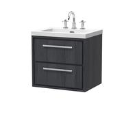 Longnor 2 Drawer Wall Hung Vanity Unit with 3 Tap Hole Modern Fireclay Basin, Woodgrain Graphite Grey, 600mm