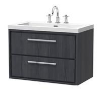 Longnor 2 Drawer Wall Hung Vanity Unit with 3 Tap Hole Modern Fireclay Basin, Woodgrain Graphite Grey, 800mm