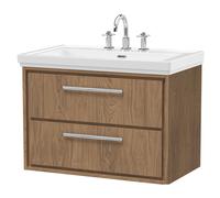 Longnor 2 Drawer Wall Hung Vanity Unit with 3 Tap Hole Traditional Fireclay Basin, Antique Oak, 800mm