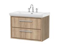 Longnor 2 Drawer Wall Hung Vanity Unit with 3 Tap Hole Traditional Fireclay Basin, Light Oak, 800mm