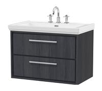Longnor 2 Drawer Wall Hung Vanity Unit with 3 Tap Hole Traditional Fireclay Basin, Woodgrain Graphite Grey, 800mm