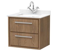 Longnor 2 Drawer Wall Hung Vanity Unit with Square Basin and Marble Worktop, Antique Oak, 600mm
