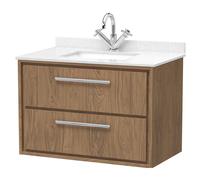 Longnor 2 Drawer Wall Hung Vanity Unit with Square Basin and Marble Worktop, Antique Oak, 800mm